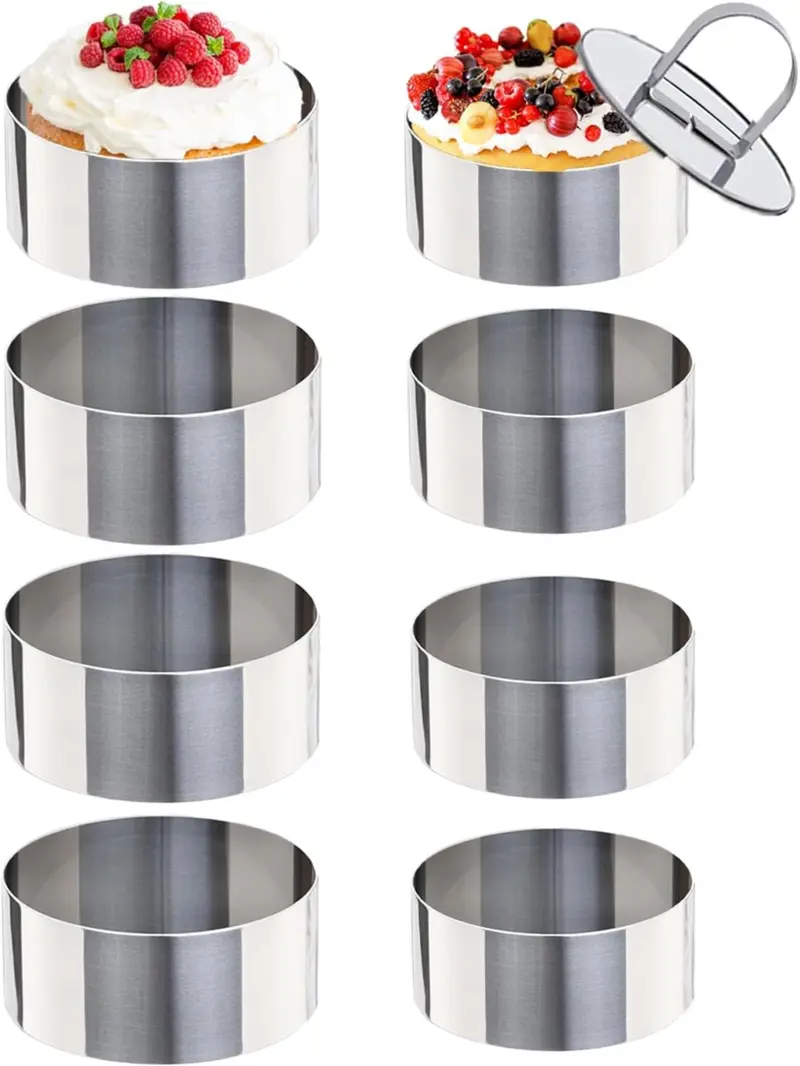 Set Of 2 Round Stainless Steel Small Cake Rings - Mousse Pastry Mini Baking Ring Mold With Pusher (3.15 Inch)
