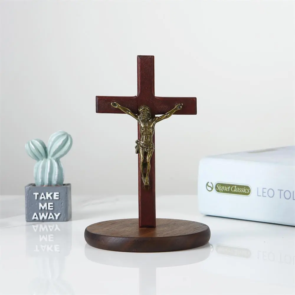 Catholic Cross Desktop Ornament, Wooden Cross Decorations, Cross Design, 1 Count Jesus Christ Cross Decoration, Stylish Religious Decor for Home Living Room Bedroom, Home Decor Supplies, Religious Ornaments