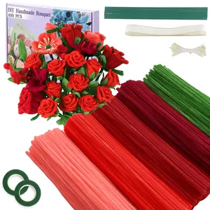 400 Piece Pipe Cleaning Set, 5 Colors Pipe Cleaners, Chiffon Rod for DIY Flower Making Kit, Includes Floral Wire, Garden Tape, Stamen, Ribbon, Artificial Flowers