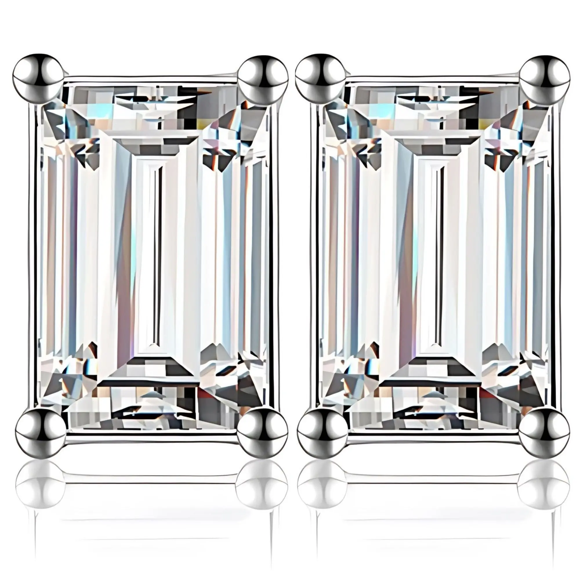 Faux Diamond Stud Earrings For Women 14k White Gold Plated Sterling Silver Cubic Zirconia Earring Studs for Men by Ginger Lyne 10mm 7.5 ct Emerald Cut Small Pierced Minimalist Jewelry