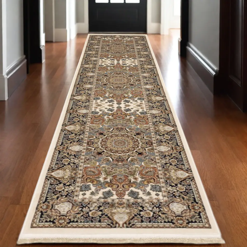 360 Stand Traditional Medallion Runner Rug - 10 ft. Powerloomed with Fringe, Neutral Tones (Ivory, Brown & Black), Stainproof, Ideal for Traditional Home Decor, Large Ornate Runners, Multicolor Rug Runners