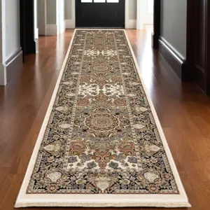 360 Stand Traditional Medallion Runner Rug - 10 ft. Powerloomed with Fringe, Neutral Tones (Ivory, Brown & Black), Stainproof, Ideal for Traditional Home Decor, Large Ornate Runners, Multicolor Rug Runners