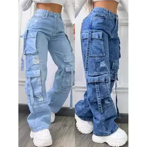 2025 New Fashionable Solid Color All-Matching plus Size High Waist Multi-Pocket Leisure Cargo Denim Trousers for Women Pants Jean