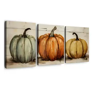 3-Piece Vintage Pumpkin Wall Art Set, Creative Painted Pumpkins Design, Modern Print Canvas Prints for Living Room & Bedroom Decor
