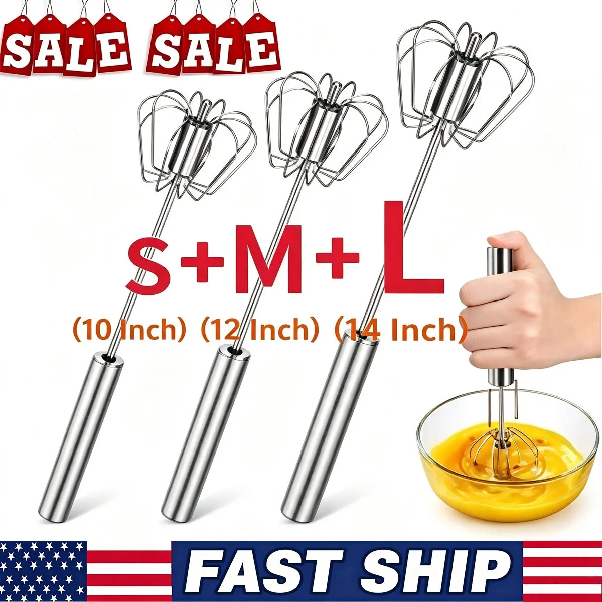 3× Manual Semi Automatic Whisk Egg Beater Mixer Stainless Steel Silver Stirrer
