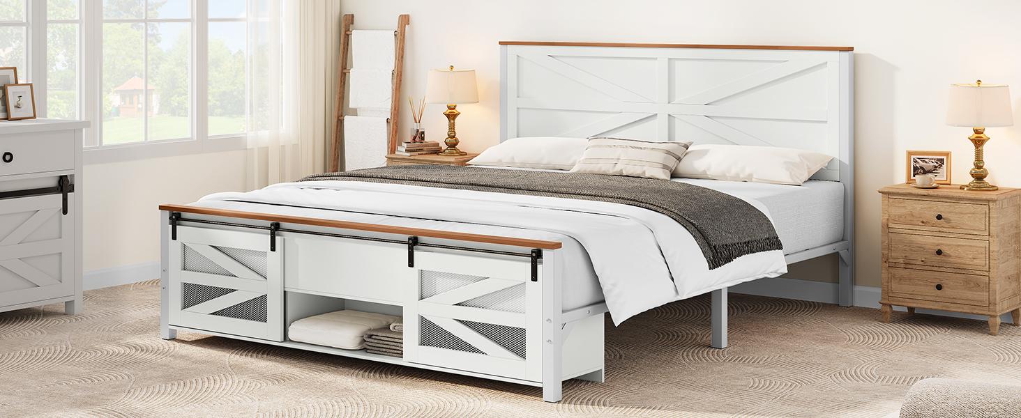 Yitahome Farmhouse King/Queen Size Bed Frame with Sliding Barn Door Storage Cabinets,Platform Bed Frame with Headboard, Solid Metal Slats Support, Noiseless, No Box Spring Needed