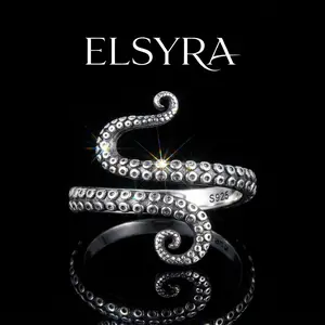 S925 Sterling Silver Rings For Women Adjustable Octopus Cat Thumb Rings For Women Gothic Vintage Jewelry Gift, Tentacles Black S-shaped One Size Opening Ring,Animal Rings