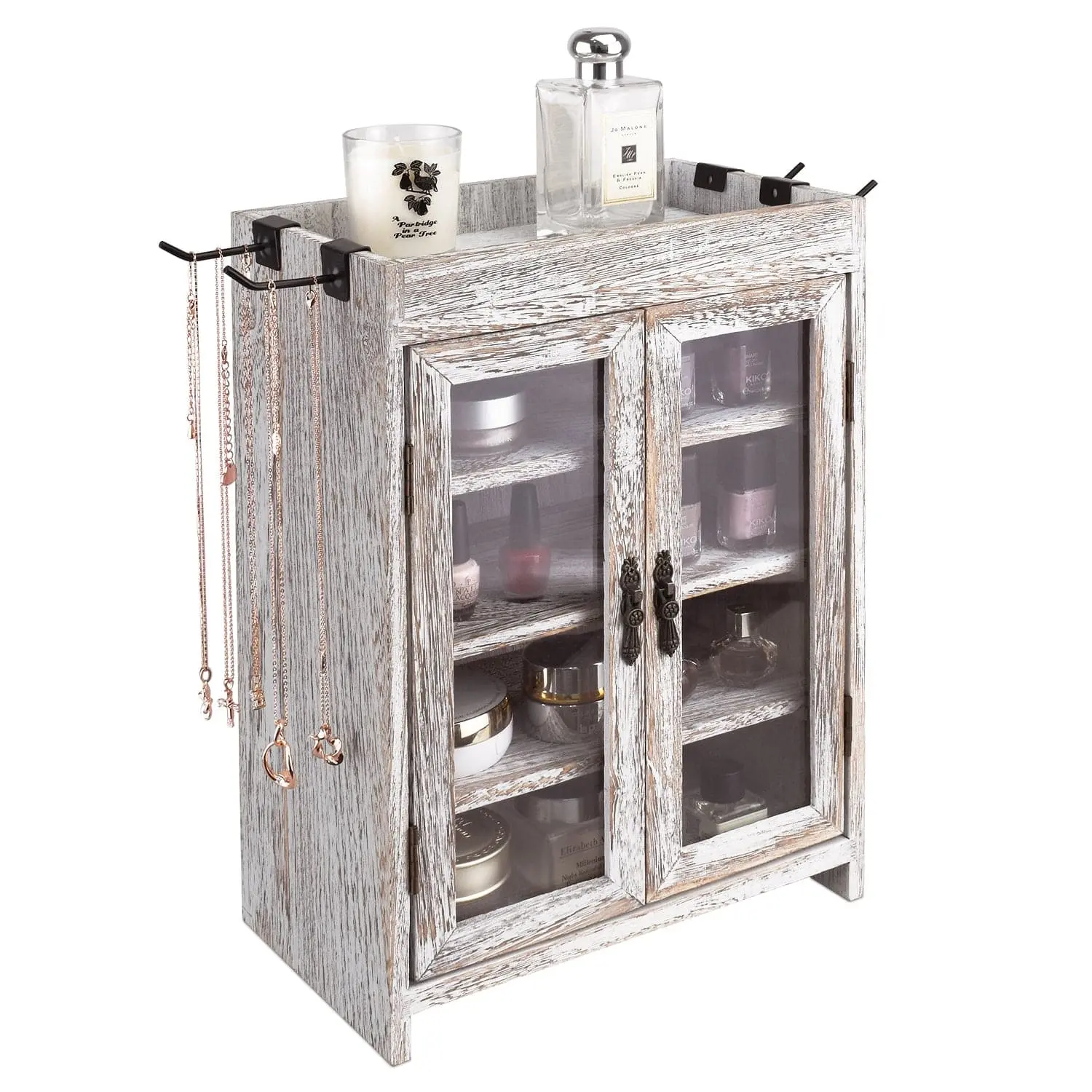#WD7640  Wooden Countertop Multipurpose Storage Cabinet with Removable Shelves for Kitchen, Vanity, Glass Window Door with 4 Metal Hooks
