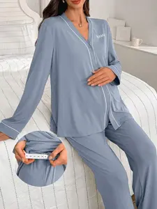 Contrast Trim V-Neck Robe, Letter Embroidery Long Sleeve Top & Pants Maternity Lounge Set, Fall & Winter Clothes, Cozy Outfits