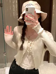 Women's Sweet Fit Lace Sleeve Knitwear Cardigan, Stylish Fitted Sweater for Spring & Fall, Cute and Simple Layering Top