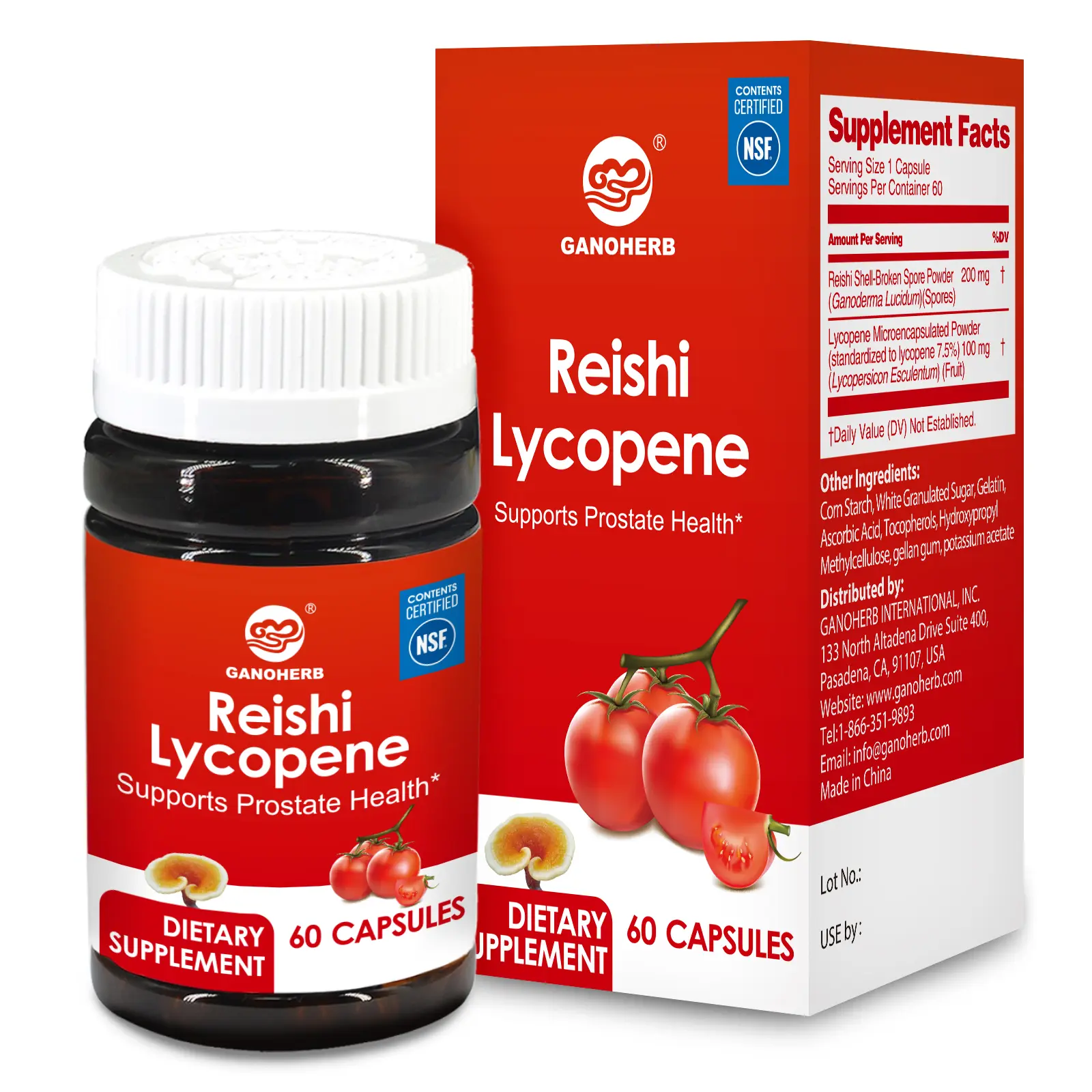 GANOHERB Reishi Mushroom (Ganoderma Lucidum) & Lycopene Supplement, Immune Support, Antioxidant Formula for Prostate Health, Herbal Dietary Supplement, NSF Certified, No Additives, 60 Capsules (30-Day Supply)