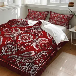 Bohemian Red Paisley Duvet Cover Set – Digital Print Bedding Set with 1 or 2 Pillowcases, Intricate White Floral & Scroll Patterns on Deep Red Base, Soft Microfiber for Luxurious Bedroom Decor