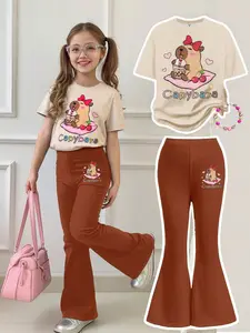 Girls' Cute Cartoon Print Short Sleeve T-Shirt & Bell-Bottom Pants Set, Soft Elastic Fabric, Summer Casual Wear, Loose Fit, Fashion Style Sets, Casual Outfit Set, Cute Clothing Set