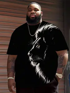 Men's Casual Round Neck T-Shirt, Polyester Fabric, Comfortable Breathable, Fashion Lion Print 3D, Street Style Short Sleeve Top, Streetwear, Classic, Menswear