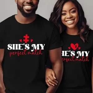 Valentine's Day Matching Couple T-Shirt with Valentine's Letter Print, Short-Sleeve Crew Neck Fitted Casual Top for Spring & Summer, Women's Sports Top, Shortsleeve