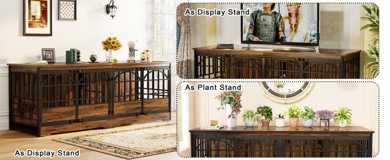 COZPAW 86 Inch Double Dog Crate Furniture for 2 Dogs, Decorative Dog Kennel Indoor TV Stand, Heavy Duty Wooden Dog Cage for Large Medium Dogs Sized Dog Pet House with Divider (Brown)