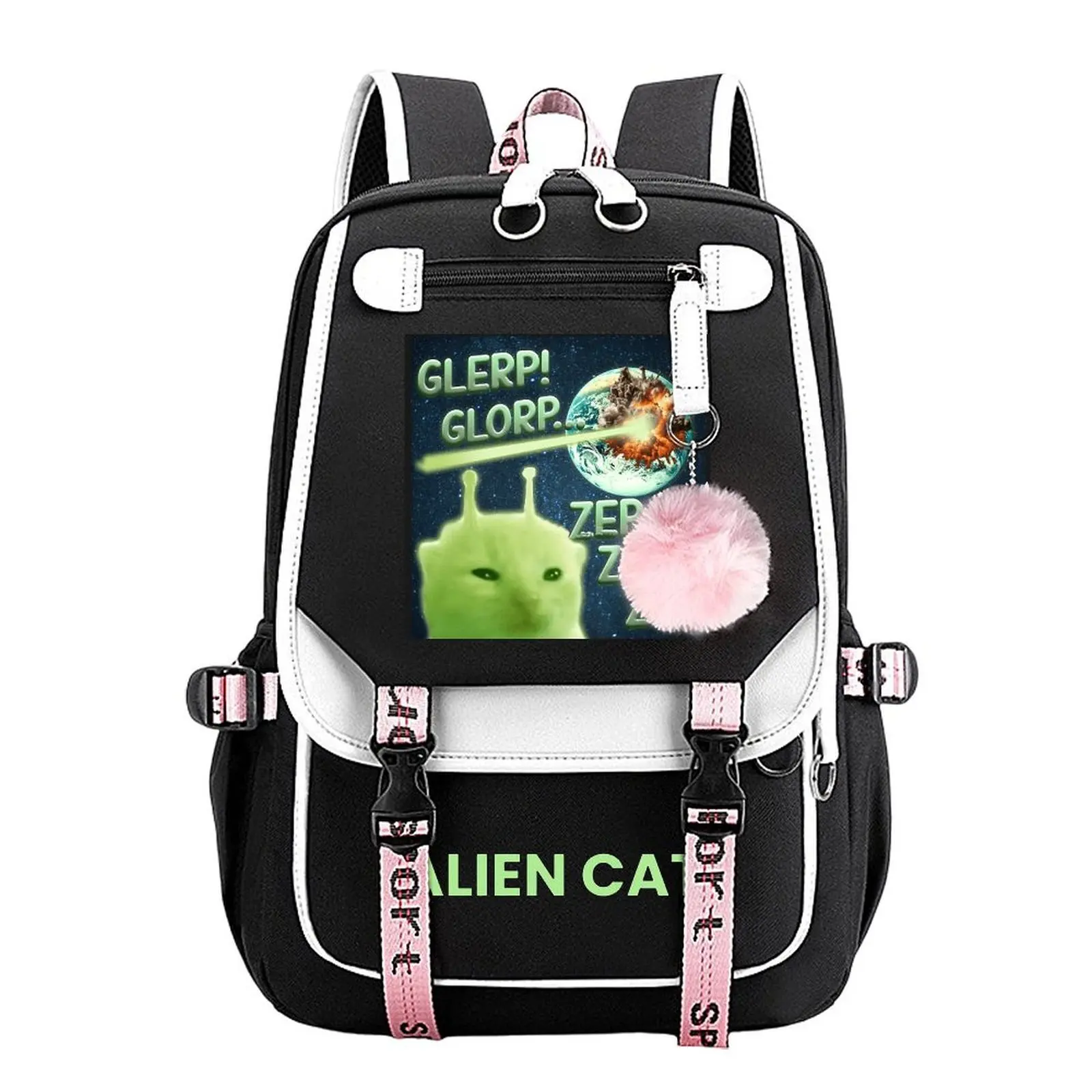Alien Cat Print Backpack for Boys & Girls, Teen Student School Bag, Large Capacity Backpack,  Water-Resistant Durable Design, Multi-Pocket Organizer, Perfect Birthday & Holiday Gift 11.4” × 18.1”