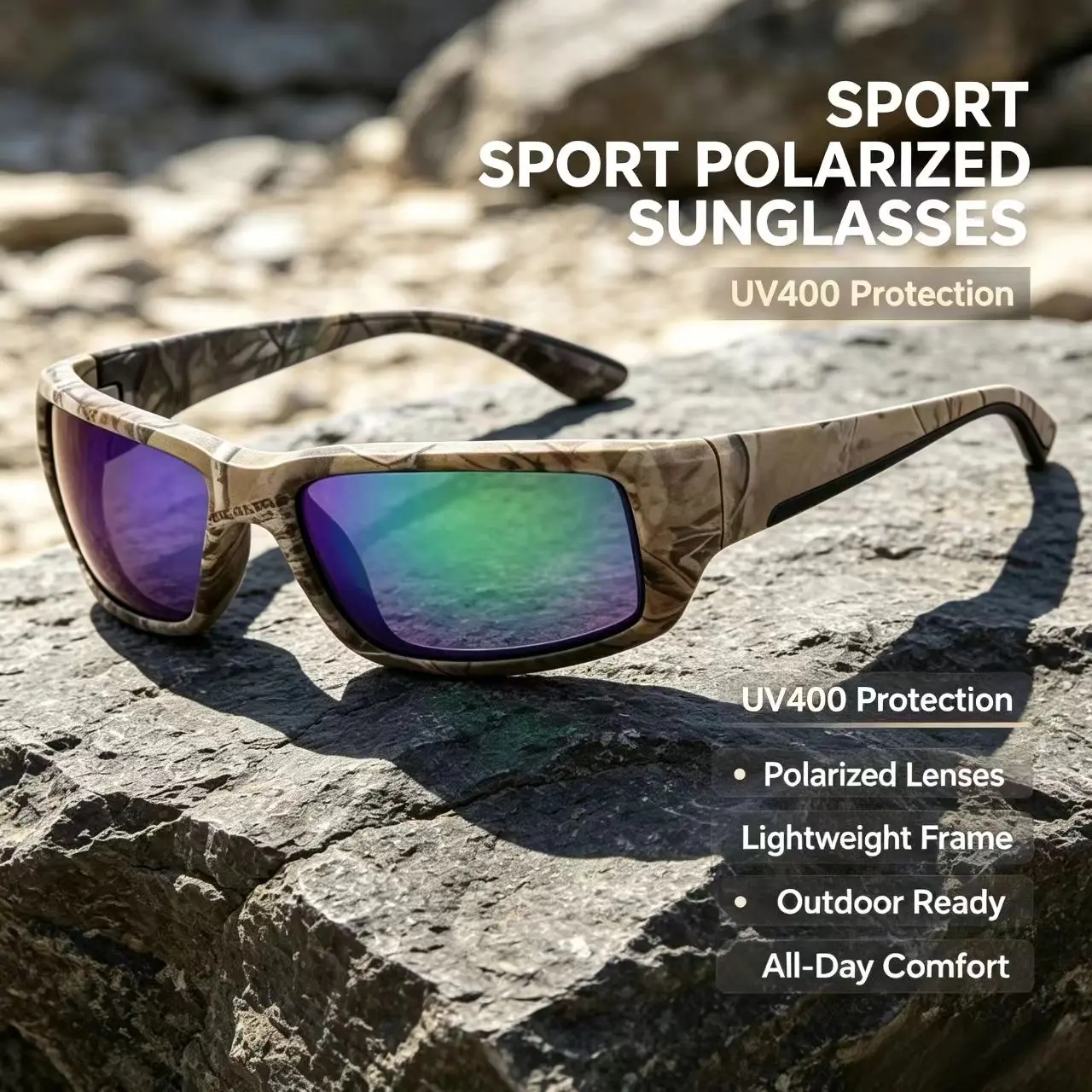 Camouflage Frame Polarized Pro Sunglasses | 100% UVA/UVB Block Anti-Scratch Lens Lightweight All Day Comfort for Fishing Boating Water Sports Driving