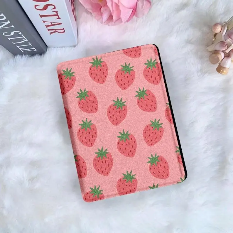 Cute Pink Strawberry Kindle Case With Hand Strap, Cover for Paperwhite 12th 7”, Kindle 2024, Fire 7, Kobo Clara BW Gift