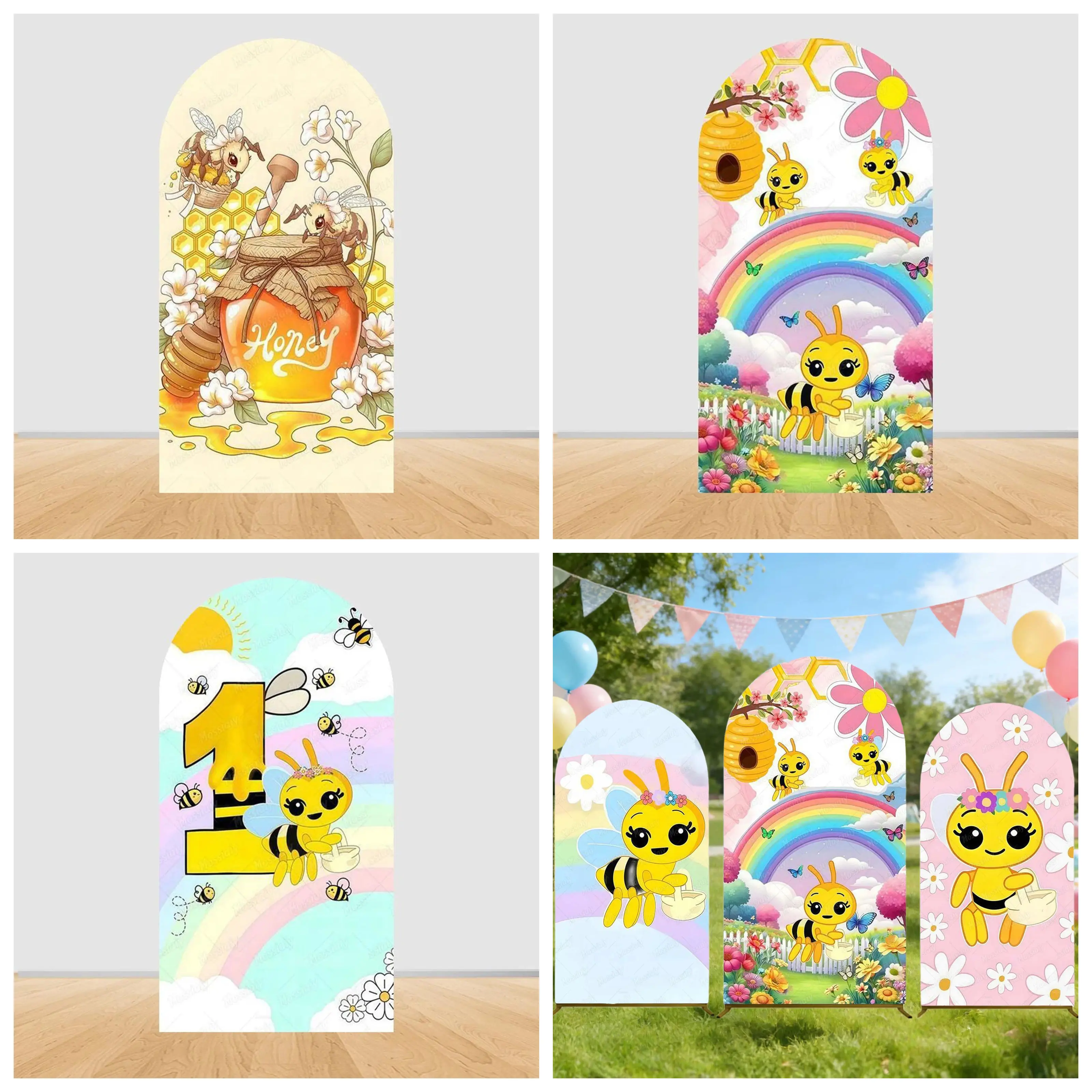 Baby Bee Theme Birthday Arch Elastic Photography Background Banner Cute Bee Baby Bath Decoration