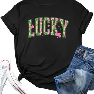 Cotton LAZYCHILD St Patricks Day Shirt Women Lucky Shamrock Tshirt Saint Patricks Day Green Clover Short Sleeve Tops Black