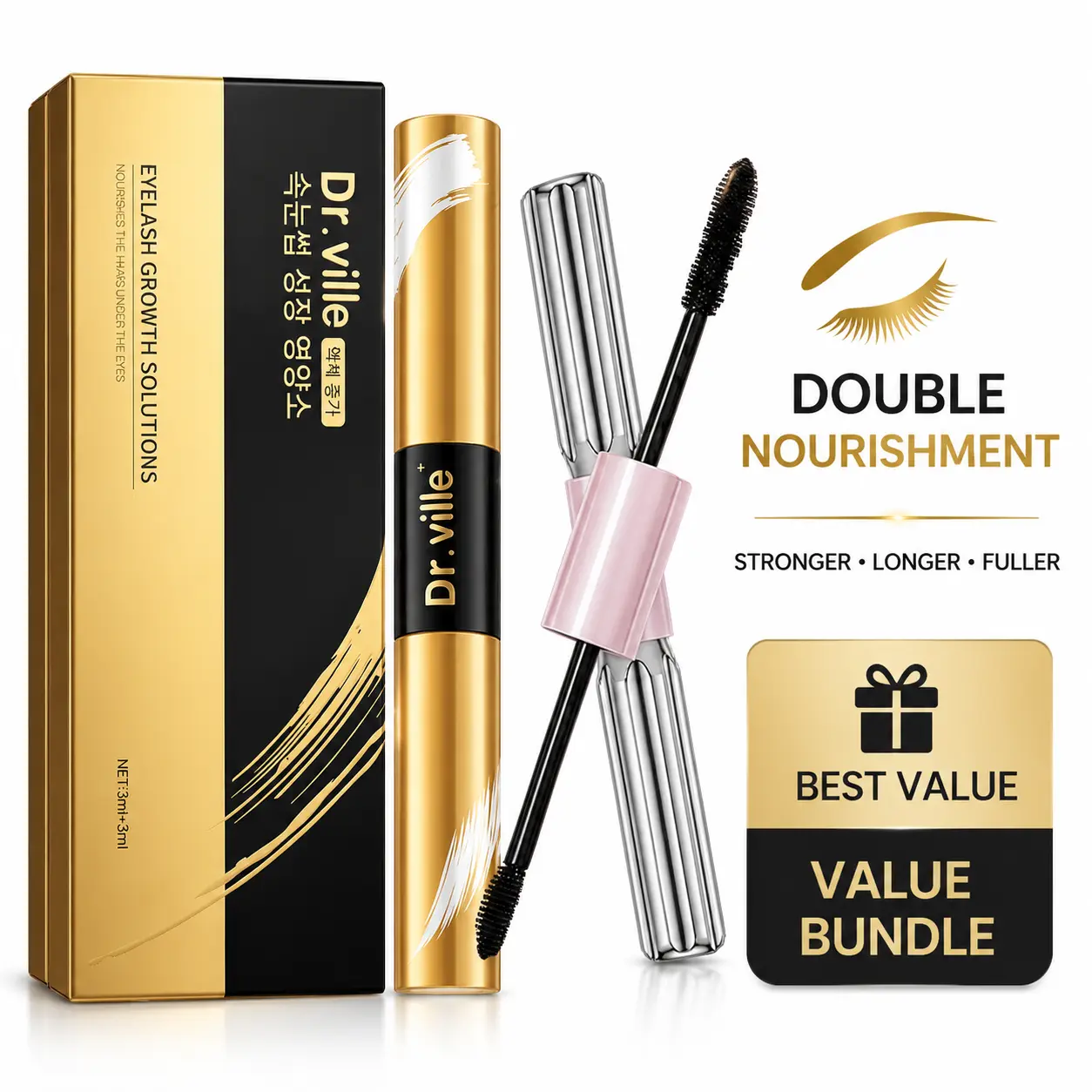 Dr.ville Dual-Ended Mascara - 2-in-1 Cosmetic Lengthening & Volumizing Waterproof Smudge-Proof Lightweight Adjustable Mascara for Natural & Bold Lash Looks, Limited Edition for Makeup Routine, 10Ml, Contains Beeswax, Lengthens Lashes, Adjustable Look, Dua