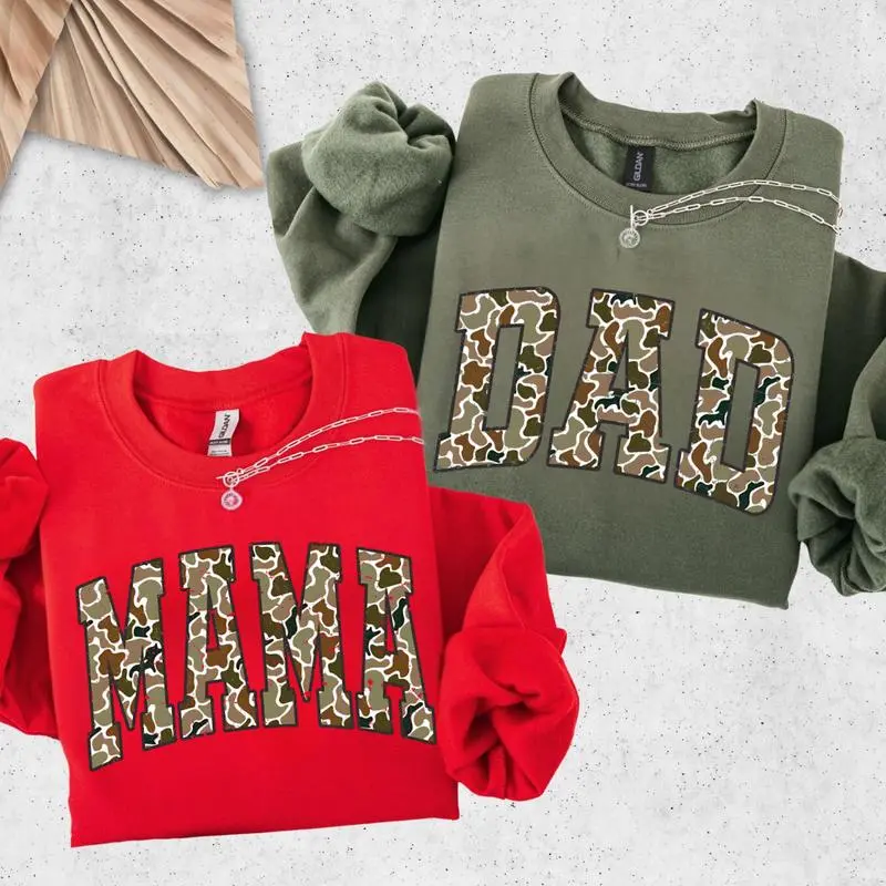 Women's Matching Sets - MAMA & DAD Camo Cotton Blend Sweatshirts, Trendy Couple Cozy Family Apparel, Ideal Gift for Parents