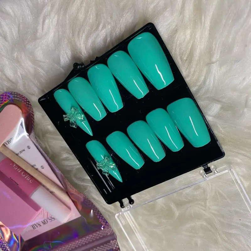 Teal Glossy Acrylic Nail Tips with Crystal Accent for Easy Application and Stylish Look