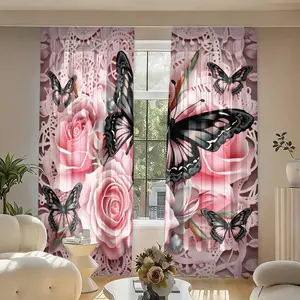 2 pieces of imitation butterfly pink rose pattern polyester semi transparent curtains, modern four season design, 100% polyester, filter, with pole bag, easy to hang, very suitable for kitchen, laundry room, bedroom, study, living room