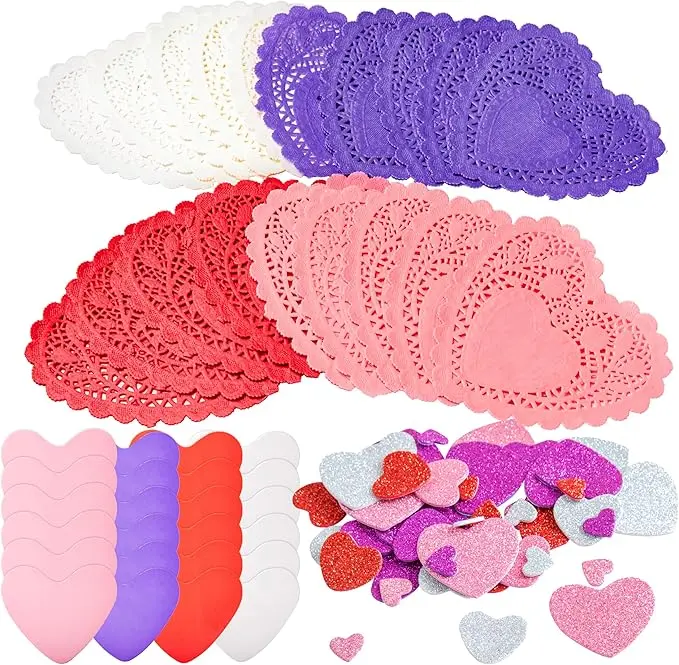 126+ Pcs Valentines Day Craft Gift Set with 100 Heart Doilies, 24 Pcs Foam Hearts & 2 Bags of Foam Heart Stickers for Kids, Tableware Decoration, Home Activitie, Kitchen Disposable Table Doilies