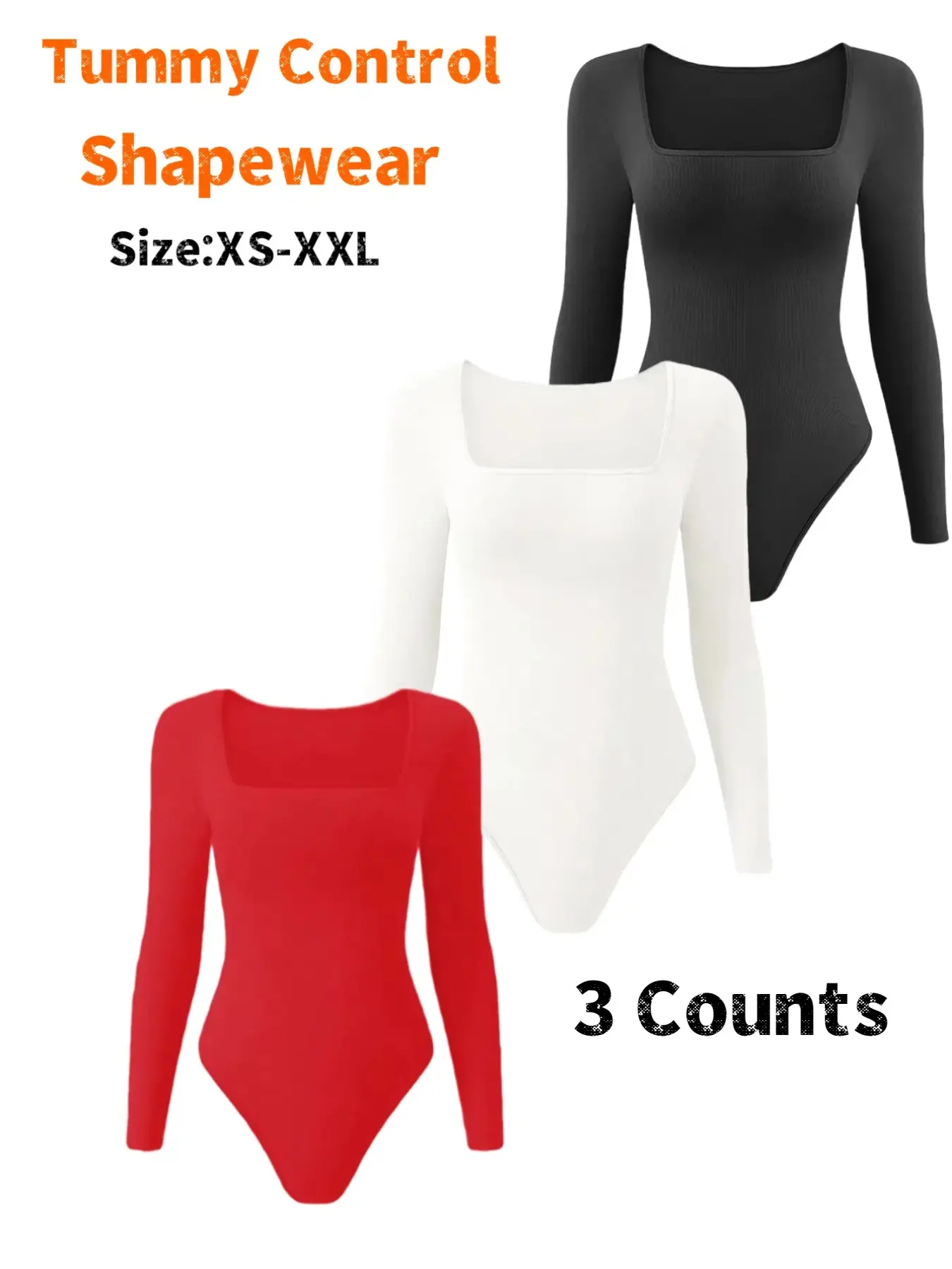 Women's Long Sleeve Shapewear Bodysuit, Comfortable Square Neck Seamless Tummy Control, High Waist Thong Shaper for Daily Wear
