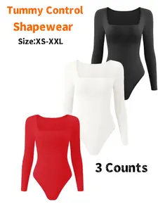 Women's Long Sleeve Shapewear Bodysuit, Comfortable Square Neck Seamless Tummy Control, High Waist Thong Shaper for Daily Wear