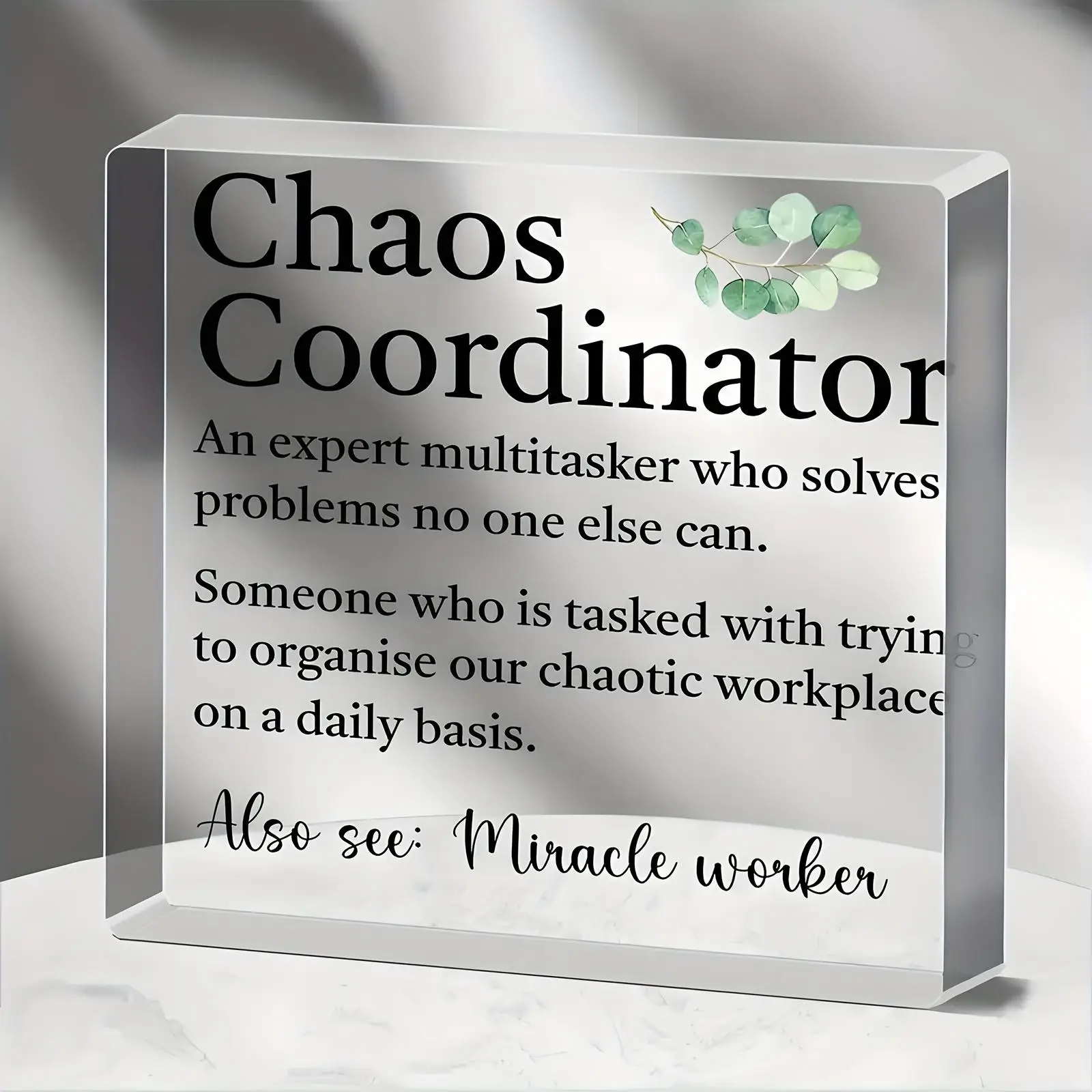 Chaos Letter Design Creative Acrylic Plaque, 1 Count Clear Decorative Plaque for Boss, Colleague, Manager, Teacher and Coach, Desk Decoration