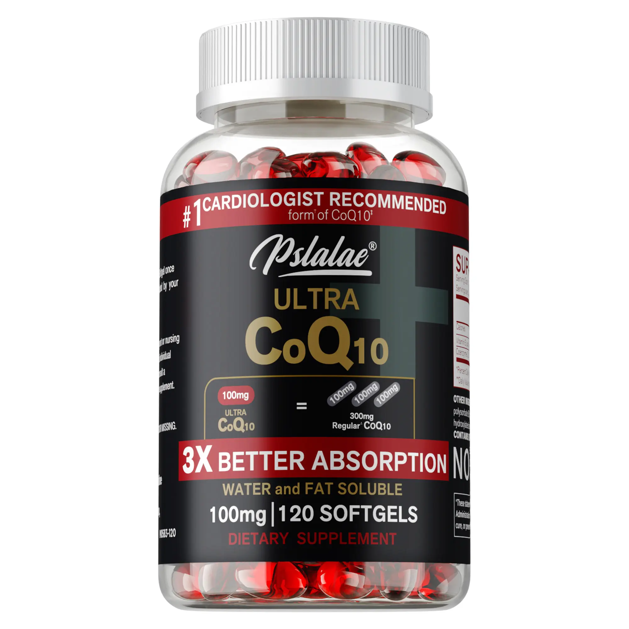 Pslalae High-Potency Coenzyme Q10 (CoQ10) Softgels—100mg per capsule, featuring a water- and oil-soluble formula for 3x higher absorption; a heart-health dietary supplement (available in 60-count or 120-count packs).