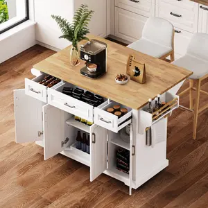ARCH K&K 54inch Large Kitchen Island with Rubber Wood Drop Leaf, Embossed Texture Rolling Kitchen Cart on 4 Wheels with 4 Doors and 3 Drawers, Kitchen Island with Storage for Kitchen, Dining Room,White