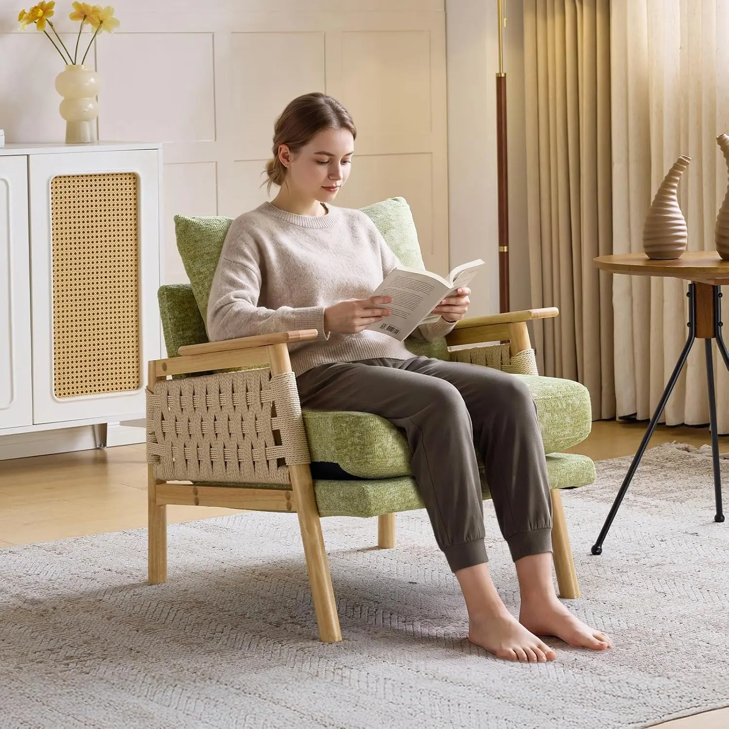 Karlhome Boho Rattan Weave Single Seat Accent Chair - Solid Wood 3.15in Wide Arms, Chenille Upholstery, Braided Rope Accents, Lumbar Support Pillow - Indoor Lounge Chair for Living Room, Bedroom, Solid Wood Arms