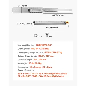 VEVOR Drawer Slides, 1 Pair 36inch Locking Drawer Slides, 500lbs Load Capacity, Side Mount Ball Bearing Drawer Glides, Long Full Extension Drawer Slide