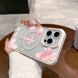 Magnetic Stylish Case for iPhone 17 16 E Pro Max 15 Plus 14 13 12 11 XS XR, Pink Cross and Lilies Aesthetic | Shockproof, Silicone, Lightweight, Girly, and Scratch Resistant Protection