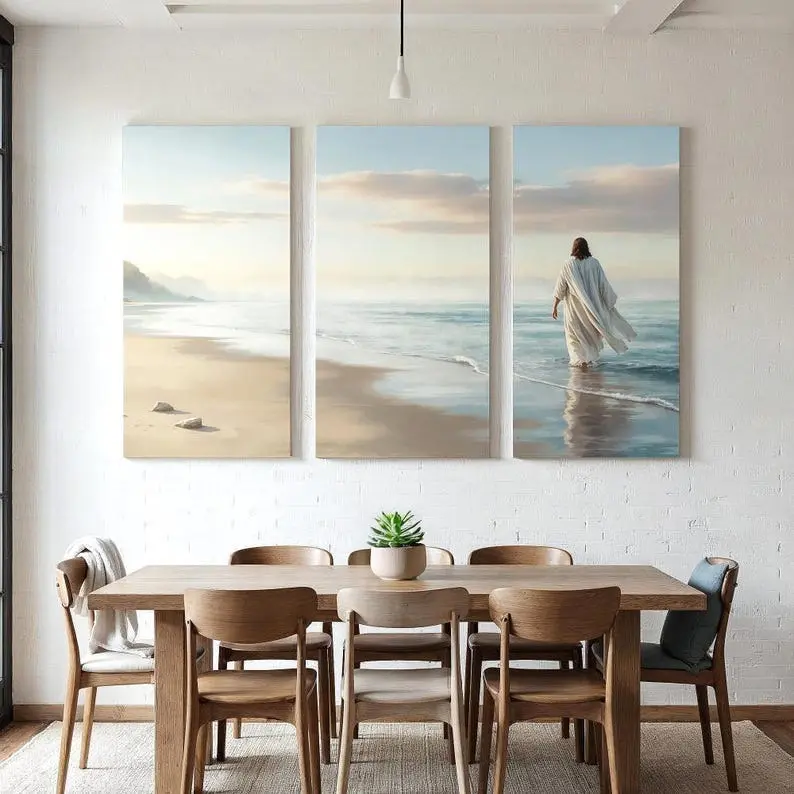Set of 3 Panel Jesus Walking on Beach Large Panoramic Split Jesus poster, Christian Wall Art Jesus Walking on Water Art