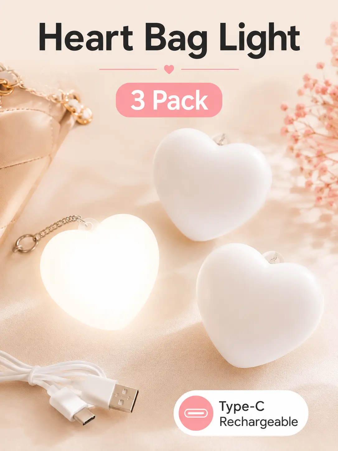 3 Pack Heart Shaped Purse Lights, Rechargeable Mini LED Bag Lights with Touch Sensor, Portable Handbag Light Keychain for Women, Travel, Car, Closet, Backpack