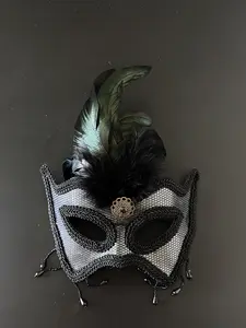 Elegant Black Feather Lace Masquerade Mask Venetian Style Costume Party Mask for Women with Intricate Lace Design and Feather Detail Perfect for Events