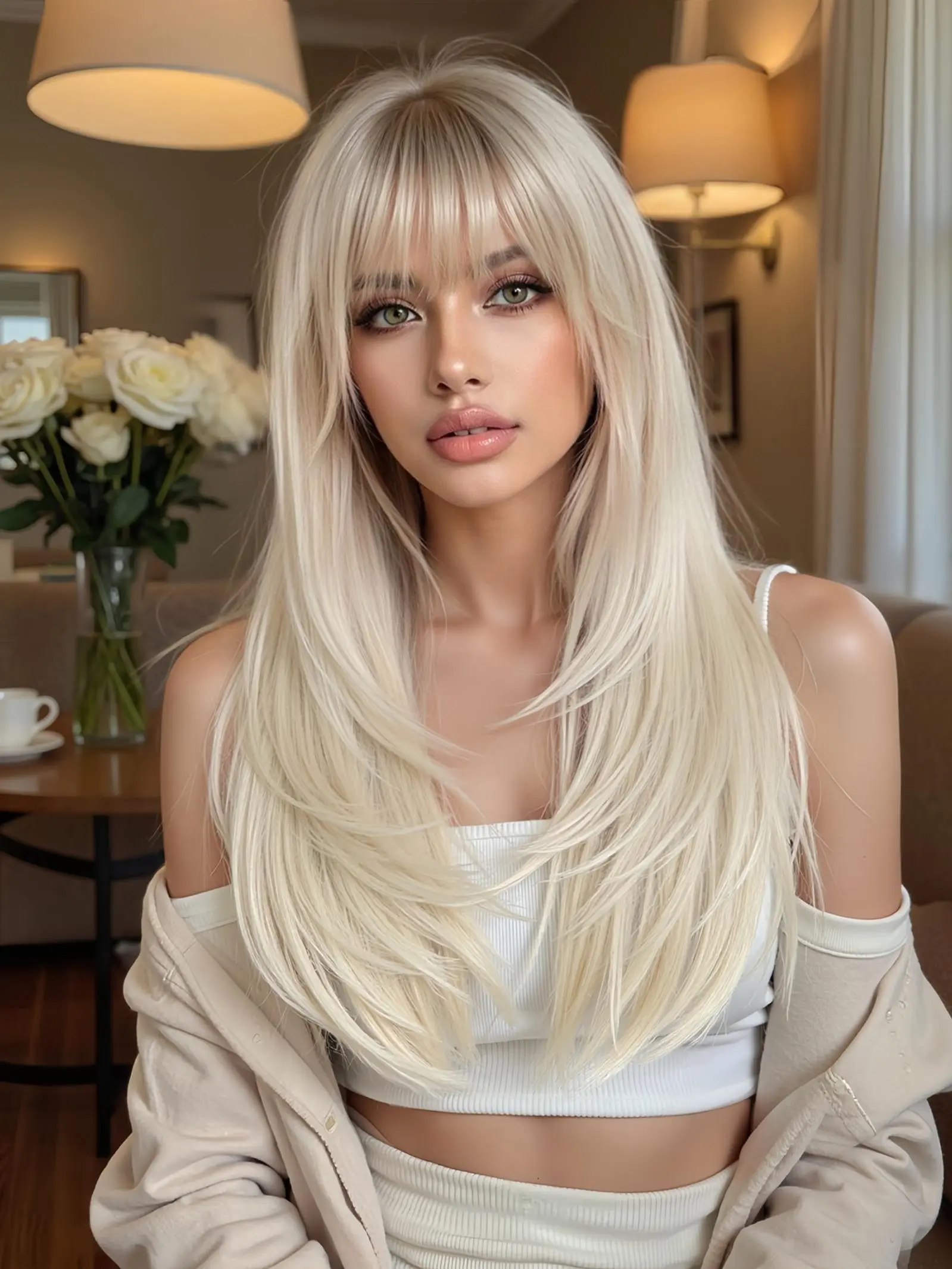 24 Inch Long Blonde Layered Straight Synthetic Material Wigs for Women, Gorgeous Fluffy Wigs with Curtain Bangs, Synthetic Full Machine Wigs for Party, Daily Use