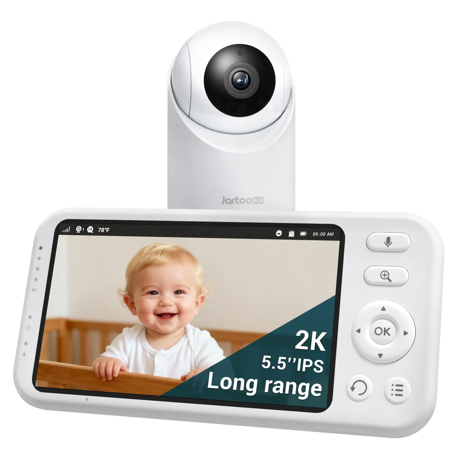 Jartoo Long Range Video Baby Monitor - 1860ft Range, 5.5" Full HD Screen, No WiFi, 2-Way Talk Camera & Audio, Night Vision, AI Cry Detect, White Noise, 6000mAh Batteries for Toddlers