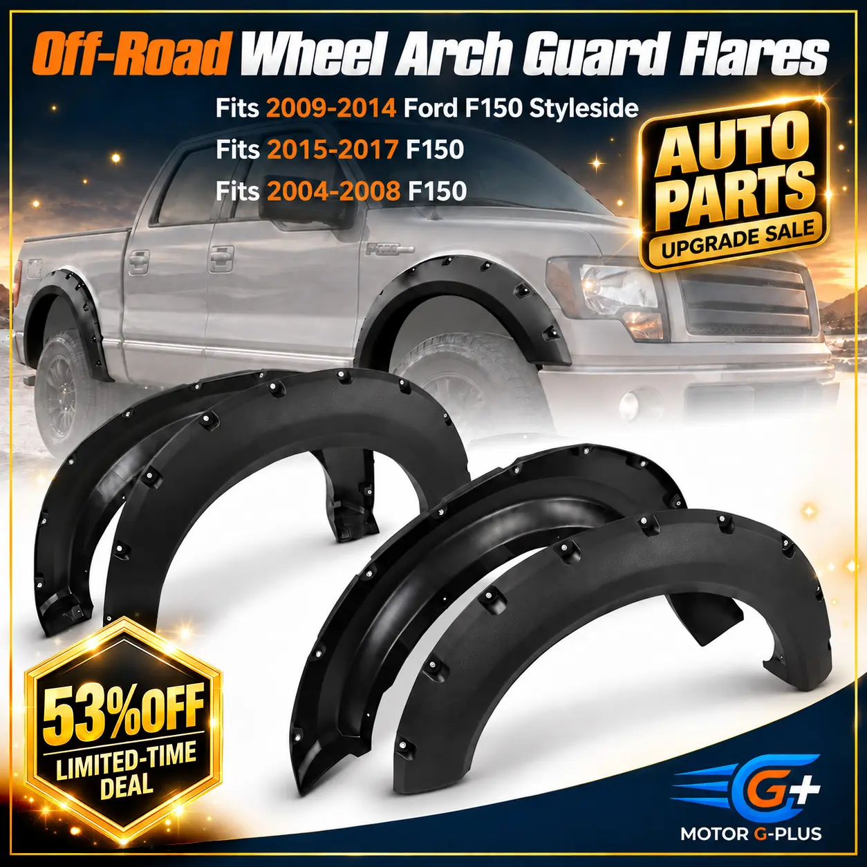 MOTOR GPLUS Fits 2004-2009/2009-2014/2015-2017 Ford F150 Styleside Trucks 4PC Black Rivet‑Style Polypropylene Fender Flare Tire Guards - Over 2" Off‑Road Accessories, Protector with Necessary Mounting Hardware, Enhanced Durability/Flexibility,toolupgrade