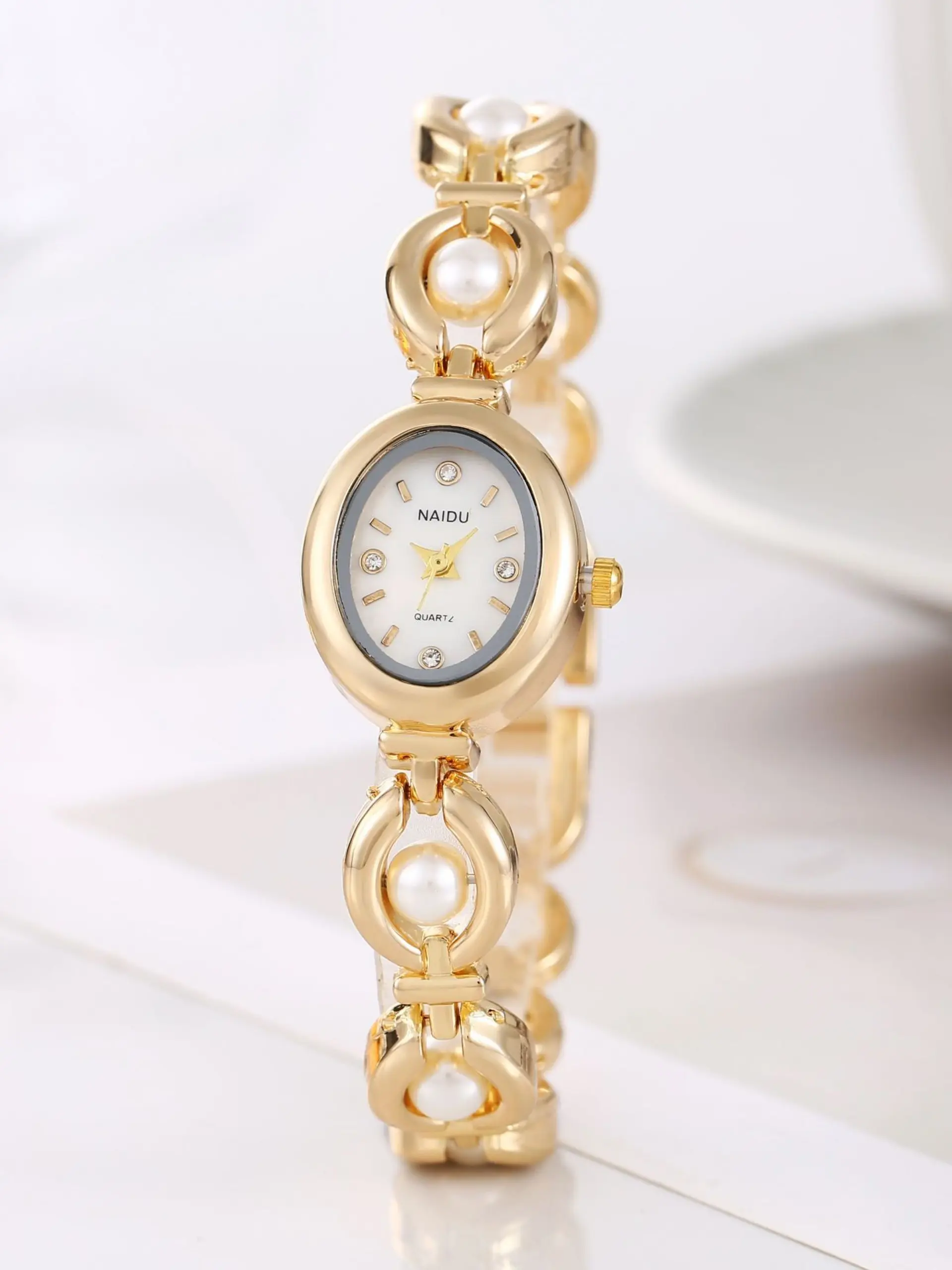 New Ladies' Oval Steel Band Watch, Vintage Luxurious Faux Pearl Quartz Watch, Elegant Women's Wristwatch, Fashionable Wristwatch, Fashion Accessory