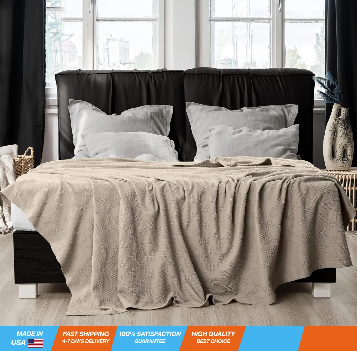 100% Cotton Blanket (King Size - 90x108 Inches) 350GSM Lightweight Thermal Blanket, Soft Breathable Blanket for All Seasons (Khaki)