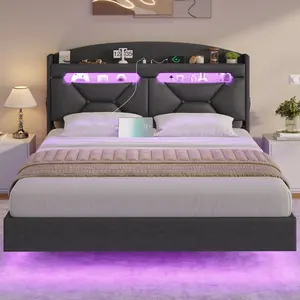 ADORNEVE Queen Floating Bed Frame with Charging Station and Storage Headboard LED Bed Frame with Upholstered Platform and Shelves
