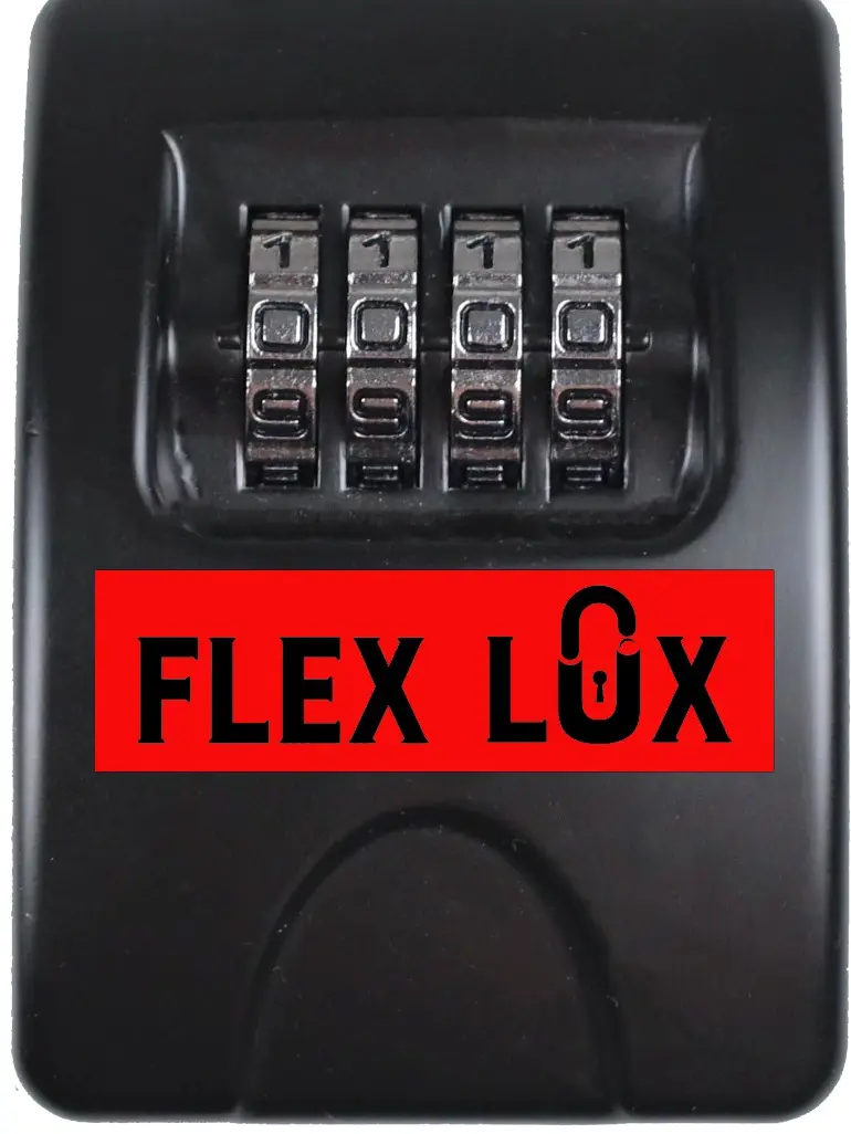 FLEX LOX Lock Box Custom Branded key storage solution. Ideal for realtors, restoration job sites, and vacation rentals. Features a weather-resistant casing and customizable code system for easy access. Keep your keys safe and secure with FLEX LOX!