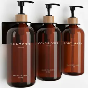 Amber Shampoo and Conditioner Dispenser Set Wall Mounted - Refillable Shampoo Dispenser for Shower Wall 3 Chamber No Drill - Plastic Shower Bottles for Guest Bathroom, Hotel, Airbnb, Vacation Rental