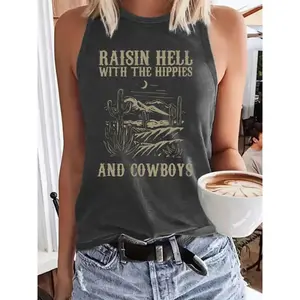 Women's patterned round neck vest, patterned sleeveless vest, retro fashionable casual sleeveless top, suitable for daily wear, women's summer clothes, socksRAIMENTRY